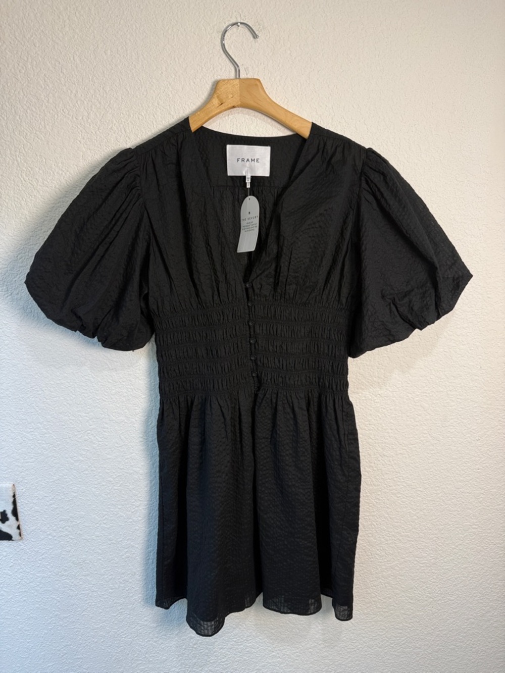 FRAME Women's Smocked Puff Sleeve Button Front Mini Dress Cotton Sz XS V Neck